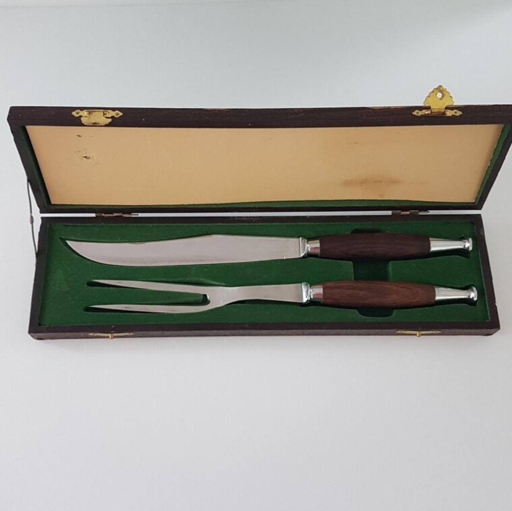 VINTAGE Mid Century Wood Carving Set 2Pc Danish Modern Japan Stainless Steel Box
